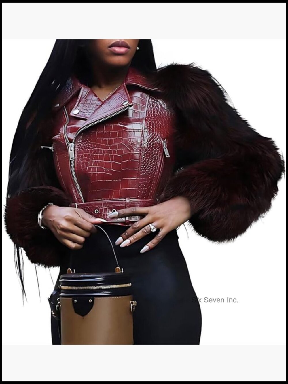 Cropped Faux Leather Moto Jacket with Faux Fur Sleeves and Belt